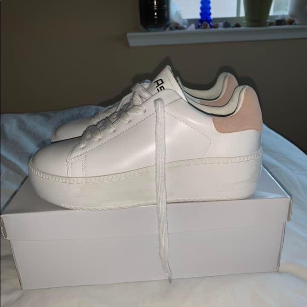Ash White Leather Platform Sneakers with Light Pink Heel Accent